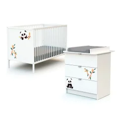 Ensemble lit bébé 60x120 cm et commode à langer 3 tiroirs PANDA Blanc