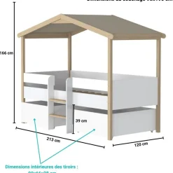 Ensemble Lit cabane enfant 90 x 190 cm avec sommier et 2 tiroirs TOTEM + matelas mousse 90x190 cm DIONE