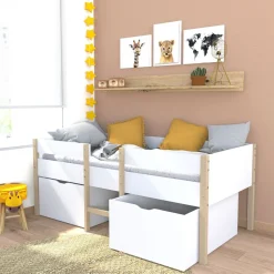 Ensemble Lit enfant mi hauteur 90X190cm avec échelle et 2 tiroirs + sommier ZEPHIR + matelas 90 x190 cm DIONE