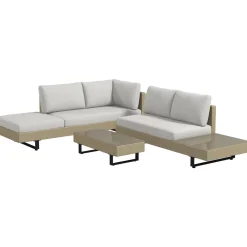 Ensemble salon de jardin d'angle 5 places design contemporain coussins déhoussables table basse acier époxy résine tressée beige