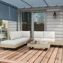 Ensemble salon de jardin d'angle 5 places design contemporain coussins déhoussables table basse acier époxy résine tressée beige