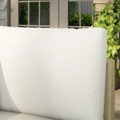 Ensemble salon de jardin d'angle 5 places design contemporain coussins déhoussables table basse acier époxy résine tressée beige