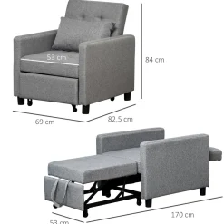 Fauteuil chauffeuse canapé-lit convertible 1 place dossier inclinable 3 positions coussin inclus polyester coton gris