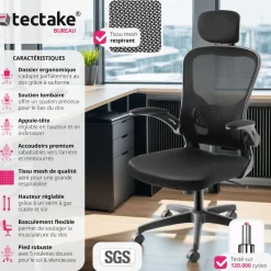 Fauteuil de bureau Arges ergonomique avec appuie-tête réglable