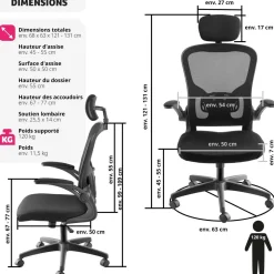 Fauteuil de bureau Arges ergonomique avec appuie-tête réglable