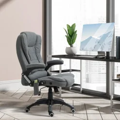Fauteuil de bureau direction massant chauffant hauteur réglable dossier inclinable toile de lin gris chiné