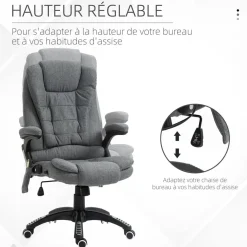 Fauteuil de bureau direction massant chauffant hauteur réglable dossier inclinable toile de lin gris chiné