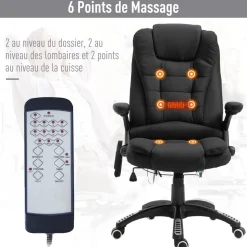 Fauteuil de bureau direction massant chauffant hauteur réglable dossier inclinable toile de lin noir