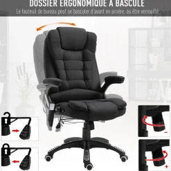 Fauteuil de bureau direction massant chauffant hauteur réglable dossier inclinable toile de lin noir