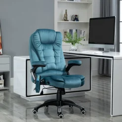 Fauteuil de bureau direction massant chauffant hauteur réglable dossier inclinable toile de lin bleu