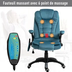 Fauteuil de bureau direction massant chauffant hauteur réglable dossier inclinable toile de lin bleu