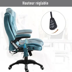 Fauteuil de bureau direction massant chauffant hauteur réglable dossier inclinable toile de lin bleu