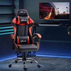 Fauteuil de bureau gamer style baquet racing - pivotant, inclinable - coussins tétière et lombaires inclus - revêtement PU rouge noir