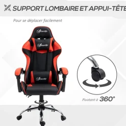 Fauteuil de bureau gamer style baquet racing - pivotant, inclinable - coussins tétière et lombaires inclus - revêtement PU rouge noir