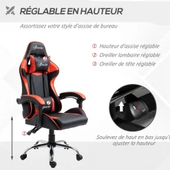 Fauteuil de bureau gamer style baquet racing - pivotant, inclinable - coussins tétière et lombaires inclus - revêtement PU rouge noir