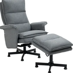 Fauteuil de massage avec repose-pied - style néo-rétro - châssis acier noir aspect lin gris