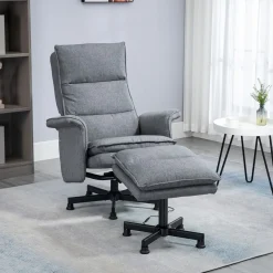 Fauteuil de massage avec repose-pied - style néo-rétro - châssis acier noir aspect lin gris