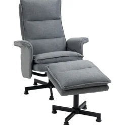Fauteuil de massage avec repose-pied - style néo-rétro - châssis acier noir aspect lin gris