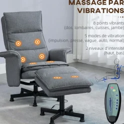 Fauteuil de massage avec repose-pied - style néo-rétro - châssis acier noir aspect lin gris