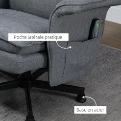 Fauteuil de massage avec repose-pied - style néo-rétro - châssis acier noir aspect lin gris