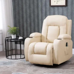 Fauteuil de massage et relaxation électrique chauffant inclinable manuellement repose-pied télécommande crème