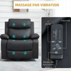 Fauteuil de massage et relaxation électrique inclinable pivotant repose-pied télécommande noir