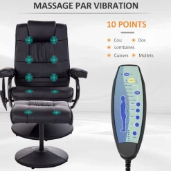 Fauteuil de massage et relaxation électrique pivotant inclinable avec repose-pied revêtement synthétique noir