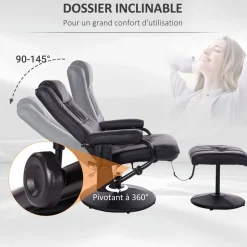 Fauteuil de massage et relaxation électrique pivotant inclinable avec repose-pied revêtement synthétique noir