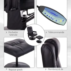 Fauteuil de massage et relaxation électrique pivotant inclinable avec repose-pied revêtement synthétique noir