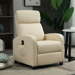 Fauteuil de relaxation et massage inclinaison dossier repose-pied réglable revêtement synthétique crème