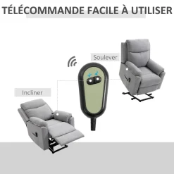 Fauteuil de relaxation électrique - fauteuil releveur inclinable avec repose-pied ajustable et télécommande - tissu polyester aspect lin gris clair chiné