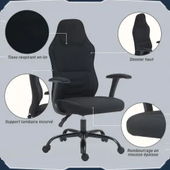 Fauteuil gamer ergonomique - chaise de bureau gaming - réglable - dossier inclinable - tissu noir