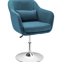 Fauteuil lounge design grand confort coussins lombaires hauteur réglable pivotant 360° piètement métal chromé lin bleu canard