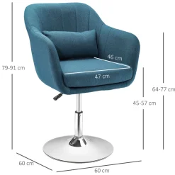 Fauteuil lounge design grand confort coussins lombaires hauteur réglable pivotant 360° piètement métal chromé lin bleu canard
