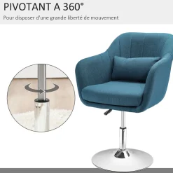 Fauteuil lounge design grand confort coussins lombaires hauteur réglable pivotant 360° piètement métal chromé lin bleu canard