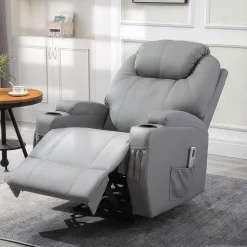 Fauteuil luxe de relaxation et massage inclinaison dossier repose-pied électrique revêtement synthétique gris