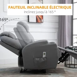 Fauteuil luxe de relaxation et massage inclinaison dossier repose-pied électrique revêtement synthétique gris
