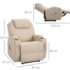 Fauteuil luxe de relaxation et massage inclinaison dossier repose-pied électrique revêtement synthétique crème