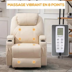 Fauteuil luxe de relaxation et massage inclinaison dossier repose-pied électrique revêtement synthétique crème