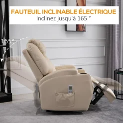 Fauteuil luxe de relaxation et massage inclinaison dossier repose-pied électrique revêtement synthétique crème
