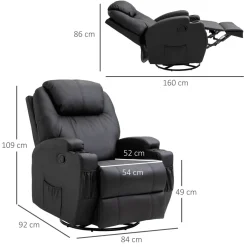 Fauteuil luxe de relaxation et massage inclinaison dossier repose-pied réglable revêtement synthétique noir