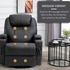 Fauteuil luxe de relaxation et massage inclinaison dossier repose-pied réglable revêtement synthétique noir