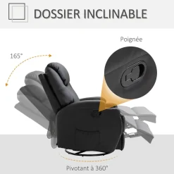 Fauteuil luxe de relaxation et massage inclinaison dossier repose-pied réglable revêtement synthétique noir