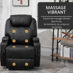 Fauteuil luxe de relaxation et massage inclinaison dossier repose-pied électrique revêtement synthétique noir