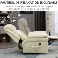Fauteuil releveur inclinable avec repose-pied ajustable - fauteuil de relaxation électrique - revêtement synthétique crème
