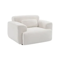 Fauteuil tissu bouclette blanche. lignes arrondis. coussin fourni. Wallas. L 116 x P 97 x H 73cm