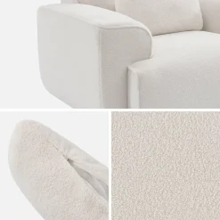 Fauteuil tissu bouclette blanche. lignes arrondis. coussin fourni. Wallas. L 116 x P 97 x H 73cm