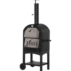 Four à pizza extérieur au charbon de bois - barbecue sur roulettes - four à bois - pierre réfractaire - cheminée, jauge température - acier au carbone noir gris