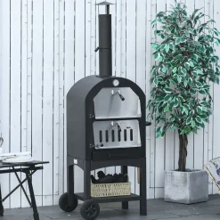 Four à pizza extérieur au charbon de bois - barbecue sur roulettes - four à bois - pierre réfractaire - cheminée, jauge température - acier au carbone noir gris
