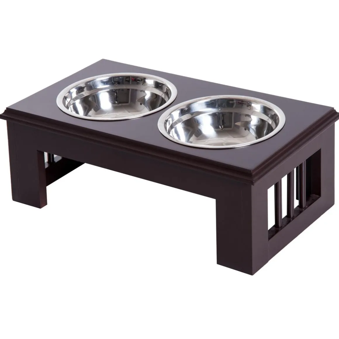 Gamelle double chien chat Porte-gamelles surélevé dim. 44L x 24l x 15H cm 2 gamelles acier inox. incluses MDF